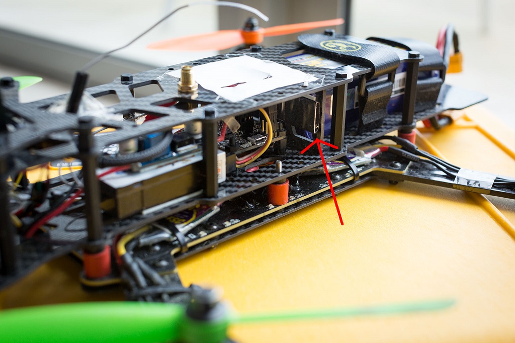 OpenLog installed with double-sided tape, SDCard slot pointing outward OpenLog installed